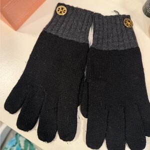Tory Burch Black and Gray Knit Gloves with Gold Button